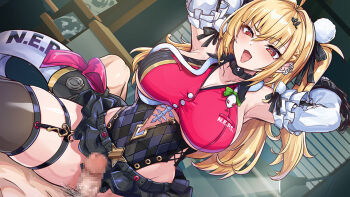1boy 1girl blonde_hair breasts censored cissia_(zenless_zone_zero) commentary_request detached_sleeves dutch_angle ear_piercing fangs girl_on_top hetero large_breasts long_hair mosaic_censoring one_side_up open_mouth paid_reward_available penis piercing pineapp_panda red_eyes smile solo_focus variant_set white_sleeves zenless_zone_zero