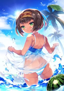 1girl ass astarte_(surio) bare_arms bare_back bare_shoulders blue_sky blush brown_hair chinese_commentary commentary_request cowboy_shot dark-skinned_female dark_skin day dress food fruit green_eyes hairband highres lady_and_the_papyrus lifting_dress looking_at_viewer looking_back ocean palm_tree palmtree panties sana.c second-party_source short_hair sky solo standing striped_clothes striped_panties sun sunlight tree underwear water watermelon