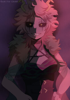 1girl 2019 artist_name ashido_mina black_sclera boku_no_hero_academia breasts cleavage colored_sclera colored_skin dated female_focus fur-trimmed_jacket fur_trim grin hands_on_own_hips horns jacket karita-chan looking_at_viewer pink_skin smile solo superhero_costume superheroine_costume teeth watermark web_address yellow_eyes yellow_horns