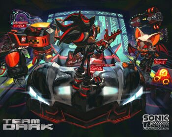 Rule 34 | absurdres, black fur, black jacket, black pants, car, e-123 omega, eyewear on head, from behind, gloves, group picture, highres, jacket, kornart, motor vehicle, multicolored fur, pants, red eyes, red fur, red gloves, robot, rouge the bat, shadow the hedgehog, sonic (series), sonic racing: crossworlds, standing, sunglasses, white fur, wings