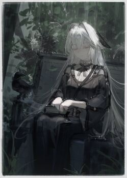 1girl bench bird black_dress book borrowed_character bow character_request closed_eyes collar crow dress frilled_collar frills grass hair_intakes highres holding holding_book kotowaza long_hair long_sleeves original outdoors rain sitting solo wet white_hair