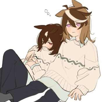 2girls ahoge animal_ears arm_around_shoulder brown_hair collared_shirt covered_mouth highres horse_ears jitome ka_(page_013) long_hair long_sleeves multicolored_hair multiple_girls pants pink_eyes red_eyes shirt sirius_symboli_(umamusume) sitting squeans sweater symboli_rudolf_(umamusume) umamusume white_hair