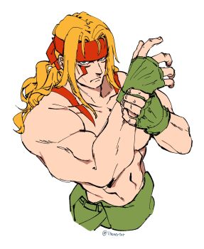 Rule 34 | 1boy, adjusting clothes, adjusting gloves, alex (street fighter), blonde hair, blue eyes, body markings, closed mouth, facial mark, frown, gloves, green gloves, green pants, headband, highres, lhonert, long hair, looking at viewer, male focus, muscular, muscular male, pants, ponytail, red headband, solo, street fighter, street fighter iii (series), topless male, twitter username, white background