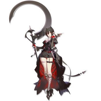 1girl animal arknights ask_(askzy) bat_(animal) black_hair black_shorts black_tailcoat black_theme crossed_ankles entelechia_(arknights) formal_clothes full_body garter_straps gloves grey_socks hair_horns highres holding holding_scythe holding_weapon kneehighs long_sleeves micro_shorts official_art pointy_ears red_eyes red_gloves red_lips scythe shin_strap shorts simple_background single_garter_strap socks solo standing tachi-e tailcoat thigh_strap third-party_source transparent_background two-sided_tailcoat weapon