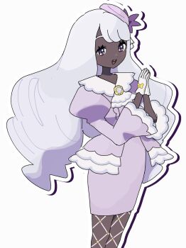 Rule 34 | 1girl, :d, dark-skinned female, dark skin, dress, eneko (olavcnkrpucl16a), eyelashes, fishnet pantyhose, fishnets, glove bow, gloves, grey hair, hands up, happy, highres, jacinthe (pokemon), long hair, long sleeves, nintendo, open mouth, own hands together, pantyhose, pokemon, pokemon legends: z-a, purple dress, simple background, smile, solo, teeth, tilted headwear, upper teeth only, white background, white gloves