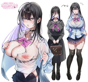 1girl absurdres age_progression bag black_bra black_hair black_pantyhose black_sailor_collar black_shirt black_shoes black_skirt black_thighhighs blue_cardigan bra breasts cardigan cleavage commentary_request glasses hair_between_eyes highres holding holding_bag large_breasts lips loafers long_hair long_sleeves looking_at_viewer multiple_views nipples open_cardigan open_clothes open_mouth original pantyhose parted_lips pleated_skirt purple_eyes r18_ayame sailor_collar school_bag school_uniform serafuku shirt shoes simple_background skirt standing thighhighs underwear white_background white_shirt