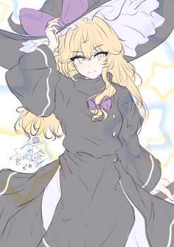 Rule 34 | 1girl, absurdres, alternate costume, black dress, blonde hair, bow, closed mouth, commentary request, dress, hair bow, hat, hat bow, highres, holding, kirisame marisa, long hair, long sleeves, looking at viewer, mini-hakkero, purple bow, rinkaito1231, smile, solo, star (symbol), touhou, translation request, wide sleeves, witch hat, yellow eyes