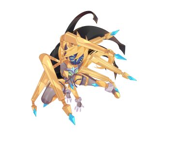 1girl absurdres aizeis alternate_costume armor armored_boots assault_visor belt biometal blonde_hair body_armor bodystocking bodysuit boots breasts chest_jewel ciel_(mega_man) coattails commission commissioner_upload covered_navel crown extra_eyes fighting_stance forehead_jewel full_body gauntlets gloves green_eyes highres knee_pads long_hair mask mechanical_ears mechanical_wings mega_man_(series) mega_man_zero_(series) mega_man_zx model_w_(mega_man) non-web_source petite ponytail shorts small_breasts solo tailcoat thighs tiara transparent_background wings