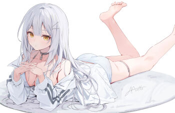 Rule 34 | 1girl, artist name, ass, bare shoulders, barefoot, bikini, blush, breasts, choker, cleavage, closed mouth, collarbone, commentary request, hair ornament, hairclip, highres, jacket, leg up, long hair, long sleeves, looking at viewer, lying, medium breasts, motto (night wear), on stomach, open clothes, open jacket, original, own hands together, panties, shirt, simple background, solo, swimsuit, the pose, toes, underwear, very long hair, white background, white bikini, white hair, white jacket, white panties, yellow eyes