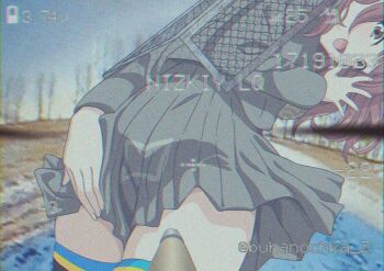 1girl ass bad_end blue_sky brown_eyes brown_hair buhanochka_z chromatic_aberration covering_ass covering_privates crosshair drone_pov english_text fake_screenshot film_grain fpv_drone grey_skirt hand_on_own_ass heavy_film_grain high-explosive_anti-tank_(warhead) imminent_death leaning_forward looking_at_viewer looking_back matching_hair/eyes mixed-language_text open_mouth original personification photo-referenced photo_background pleated_skirt road russian_text russo-ukrainian_war skirt sky snow surprised telegram_id thighhighs thighs tree ukrainian_flag ukrainian_ground_forces viewfinder zettai_ryouiki