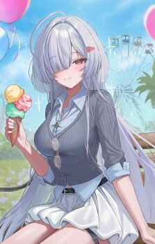 1girl absurdres ahoge alternate_costume balloon bare_legs belt blue_sky breasts commentary eating ferris_wheel food glasses hair_ornament hairclip highres holding holding_food holding_ice_cream ice_cream jewelry long_hair looking_at_viewer medium_breasts mornye_(wuthering_waves) one_eye_covered pendant red_eyes shirt sitting skirt sky solo striped_clothes striped_shirt striped_sweater sweater thigh_strap white_hair white_shirt white_skirt wuthering_waves yamu_(yamu_030)