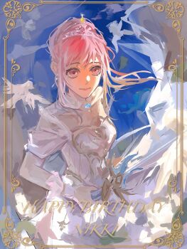 1girl absurdres armor bare_shoulders bird blue_sky breastplate character_name chinese_commentary chiqihing closed_mouth cloud collar collarbone commentary_request cowboy_shot day detached_collar dove dress english_text eyelashes floating_clothes floating_hair frilled_wrist_cuffs frills hair_bun happy happy_birthday highres holding holding_sword holding_weapon impasto infinity_nikki leaf lipstick looking_at_viewer makeup medium_dress melody_bloom_(infinity_nikki) nikki_(nikki) nikki_(series) off-shoulder_dress off_shoulder outdoors picture_frame pink_eyes pink_hair pink_lips pleated_dress rapier short_hair_with_long_locks short_sleeves sidelocks single_hair_bun sky smile solo standing sword tiara updo weapon white_collar white_dress white_wrist_cuffs wind wrist_cuffs