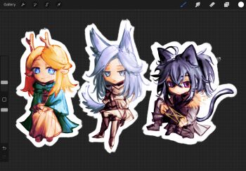 1boy 2girls :/ alternate_costume animal_ears antlers armor art_program_in_frame black_hair black_robe black_tunic blonde_hair blue_cloak blue_eyes cassie_(shadow_slave) cat_ears cat_tail chibi chibi_only cloak crossed_arms crossed_bangs crossed_legs dog_ears dog_tail dress full_body fur_collar grey_eyes hair_between_eyes highres holding holding_string hood hood_down horns kemonomimi_mode knee_up long_hair long_sidelocks multiple_girls nephis_(shadow_slave) purple_eyes robe screencap shadow_slave sidelocks sitting smile string sunny_(shadow_slave) tail tunic unamused weaving white_hair xiezmy2 yellow_dress