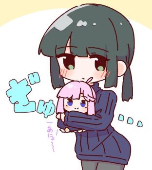 1girl ahoge anyoji_hime black_pantyhose blue_dress blue_sweater blush character_doll closed_mouth commentary_request cowboy_shot doll dress green_eyes green_hair hugging_doll hugging_object link!_like!_love_live! long_sleeves looking_at_viewer love_live! medium_hair mochidoru_(plush) momiji_(moj_0404) momose_ginko momose_ginko_(winter_loungewear) official_alternate_costume pantyhose pink_hair ponytail short_dress sidelocks smile solo split_mouth sweater sweater_dress translation_request virtual_youtuber