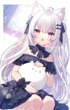 1girl :o ahoge animal_ear_fluff animal_ears black_bow black_dress bow commentary_request commission copyright_request dress fang feet_out_of_frame frilled_dress frills grey_hair hair_between_eyes hair_bow holding long_hair looking_at_viewer off-shoulder_dress off_shoulder open_mouth red_eyes rinndouk sitting skeb_commission solo twitter_username two_side_up very_long_hair virtual_youtuber