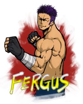 1boy b_suke black_gloves character_name clenched_hands closed_eyes commentary_request fate/grand_order fate_(series) fergus_mac_roich_(fate) fighting_stance fingerless_gloves gloves male_focus muscular muscular_male purple_hair smile solo topless_male undercut upper_body