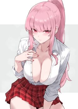 1girl absurdres bluefield blush breasts cleavage closed_mouth collared_shirt commentary downblouse grey_background hand_on_own_chest highres hololive hololive_english large_breasts long_hair looking_at_viewer mori_calliope partially_unbuttoned pink_hair plaid_clothes plaid_skirt ponytail red_eyes red_skirt school_uniform shirt simple_background skirt solo two-tone_background virtual_youtuber white_background white_shirt