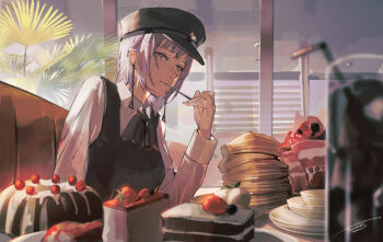 1girl absurdres brown_eyes bundt_cake cake cake_slice chainsaw_man diner dress earrings fami_(chainsaw_man) food fourth_east_high_school_uniform grey_hair hat highres holding holding_spoon jewelry looking_at_viewer military_hat mole mole_under_eye mole_under_mouth multiple_moles pancake pancake_stack parfait pinafore_dress school_uniform seies_ss short_hair sleeveless sleeveless_dress solo spoon strawberry_parfait strawberry_shortcake tassel tassel_earrings