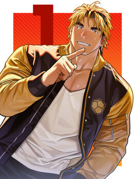 Rule 34 | 1boy, bara, black jacket, blonde hair, broad shoulders, brown hair, commentary request, gachimuchi de dosukebe na kateikyoushi no oniisan to sugosu natsu, grin, highres, iori toramaru, jacket, letterman jacket, male focus, multicolored hair, multicolored jacket, muscular, muscular male, pectoral cleavage, pectorals, shirt, smile, solo, thick arms, thick eyebrows, two-tone hair, two-tone jacket, upper body, wasp (anthyutena), white shirt, yellow eyes, yellow jacket
