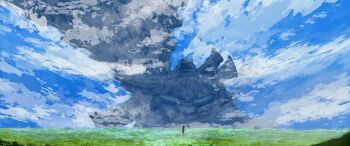 absurdres cloud day grass highres landscape mechonis monolith_soft outdoors scenery shulk_(xenoblade) sky standing standing_on_one_leg toosut0 xeno_(series) xenoblade_chronicles_(series) xenoblade_chronicles_1