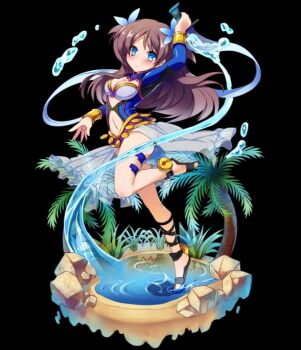 1girl absurdres arm_up bell black_background blue_eyes blush breasts brown_hair cleavage closed_mouth clothing_cutout dancer flower full_body grey_sandals hair_flower hair_ornament highres holding holding_weapon large_breasts leaning_back leotard long_sleeves merc_storia merc_storia_art_team nafur_(merc_storia) navel navel_cutout official_art open_hand puddle rock sandals sidelocks simple_background skirt solo standing standing_on_one_leg tachi-e thighs tiptoes tree water weapon white_skirt