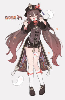 1girl 2026 absurdres between_thighs black_nails black_shorts commentary_request flower flower-shaped_pupils full_body genshin_impact ghost ghost_pose hat hat_flower highres hu_tao_(genshin_impact) jewelry long_hair multiple_rings origami_gyokuo plum_blossoms porkpie_hat ring shorts socks symbol-shaped_pupils tailcoat twintails white_socks
