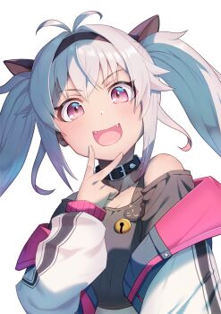 Rule 34 | 1girl, animal ears, antenna hair, black collar, black jacket, black shirt, blush, cat ears, collar, dark-skinned female, dark skin, fake animal ears, fang, grey hair, highres, jacket, long hair, looking at viewer, matsukai mao, matsukai mao (1st costume), nijisanji, open mouth, purple eyes, rei k 79, shirt, smile, solo, spiked collar, spikes, twintails, v, virtual youtuber, white background, white sleeves