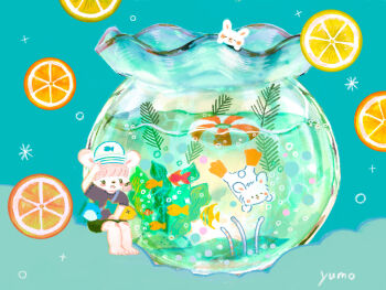 blue_background blush_stickers bubble closed_eyes commentary_request fish fishbowl flippers food fruit hat highres lemon lemon_slice one_eye_closed open_mouth orange_(fruit) orange_slice original oversized_object pink_hair signature swim_ring underwater yuno_(yumonoie)