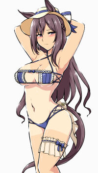 1girl animal_ears armpits arms_up back_bow bikini blue_bikini blue_bow blush bow braid breasts brown_hair cleavage closed_mouth commentary_request deno_(denomina0) ears_through_headwear furrowed_brow grey_background half-closed_eyes hat highres horse_ears horse_girl horse_tail large_breasts long_hair mejiro_dober_(umamusume) micro_bikini navel one-piece_tan parted_bangs purple_eyes simple_background solo standing stomach sun_hat swimsuit tail tan tanline thigh_strap thighhighs umamusume underboob very_long_hair white_bow