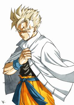 1boy alternate_costume amputee black_shirt blonde_hair cowboy_shot dragon_ball dragonball_z green_eyes highres kakeru_(dbskakeru) male_focus one_eye_closed orange_pants pants scar scar_across_eye scar_on_face shirt short_hair simple_background solo son_gohan son_gohan_(future) spiked_hair super_saiyan super_saiyan_1 white_background white_shirt