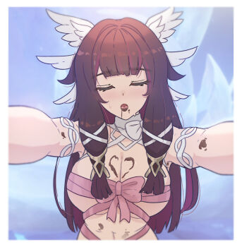 Rule 34 | 1girl, absurdres, blue background, border, breasts, chocolate, chocolate on body, chocolate on breasts, chocolate on face, cleavage, closed mouth, columbina (genshin impact), commentary, facing viewer, food, food on body, food on face, genshin impact, head wings, highres, large breasts, long hair, open mouth, pink ribbon, ribbon, solo, tongue, tongue out, upper body, valenthania, white border, white wings, wings