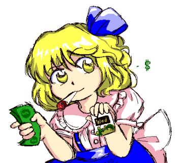 1girl alice_margatroid alice_margatroid_(pc-98) blonde_hair blue_ribbon blue_skirt blue_suspenders bow buttons cigarette collar dollar_sign drugs frilled_collar frills hair_ribbon holding holding_money lowres marijuana money niko_rausu ribbon shirt short_sleeves skirt smoking suspender_skirt suspenders touhou touhou_(pc-98) waist_bow white_bow white_shirt yellow_eyes