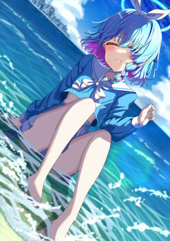 1girl ;d absurdres arm_behind_back arona_(blue_archive) bare_legs barefoot blue_archive blue_eyes blue_hair blue_halo blue_shirt blue_sky blunt_bangs blush bow bowtie braid cameltoe cloud colored_inner_hair commentary day dutch_angle feet full_body grin hair_between_eyes hair_bow hairband halo hand_up highres knees_up legs long_sleeves looking_at_viewer mao_sirahama medium_hair midriff miniskirt multicolored_hair ocean one_eye_closed open_mouth outdoors panties pink_hair pleated_skirt sailor_collar school_uniform serafuku shirt single_braid sitting skirt sky smile solo thighs toes two-tone_hair underwear water white_bow white_bowtie white_hairband white_panties white_sailor_collar white_skirt