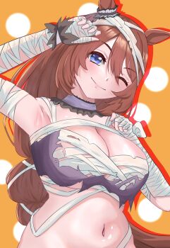 1girl absurdres animal_ears bandaged_arm bandages blue_eyes blush breasts brown_hair cleavage closed_mouth commentary_request halloween highres horse_ears horse_girl large_breasts long_hair looking_at_viewer mummy_costume nachi_atelier navel one_eye_closed orange_background smile solo super_creek_(chiffon_ribbon_mummy)_(umamusume) super_creek_(umamusume) umamusume very_long_hair