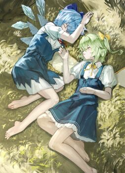 2girls absurdres ascot barefoot blue_bow blue_dress blue_hair bow cirno closed_eyes collared_shirt daiyousei detached_wings dress fairy fairy_wings full_body green_hair hair_bow highres ice ice_wings lying magnistr1 multiple_girls pinafore_dress red_ribbon ribbon shirt short_hair side_ponytail skirt sleeping sleeveless sleeveless_dress touhou wings yellow_ascot yellow_bow