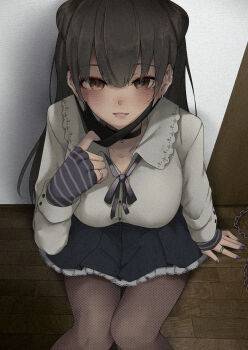1girl arm_support breasts brown_eyes brown_hair collarbone commentary_request crying crying_with_eyes_open earclip earrings fingerless_gloves fishnet_pantyhose fishnets gloves highres indoors jewelry konata_(kankin_jk) large_breasts long_hair looking_at_viewer mask mask_pull mishiranu_joshikousei_ni_kankin_sareta_mangaka_no_hanashi on_floor pantyhose pulling_own_clothes ring ryouma_(galley) sitting solo tears wing_collar wooden_floor