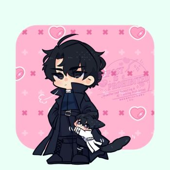 2boys :&lt; animal_ears black_coat black_eyes black_hair black_shirt breath cat_ears cat_tail coat collared_shirt commentary double-parted_bangs hair_between_eyes hands_in_pockets highres kemonomimi_mode kim_dokja kimidori_22 male_focus mini_person miniboy motion_lines multiple_boys omniscient_reader&#039;s_viewpoint open_clothes open_coat popped_collar shirt short_hair standing symbol-only_commentary tail white_coat yoo_joonghyuk