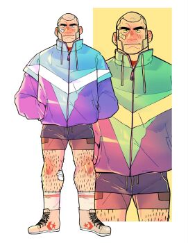 1boy bandaid bandaid_on_cheek bandaid_on_face bike_shorts bike_shorts_under_shorts black_shorts blush closed_mouth commentary english_commentary full_body gauze gauze_on_leg grey_hair grgxrt highres jacket leg_hair long_sideburns looking_at_viewer male_focus multicolored_jacket original projected_inset shoes short_hair short_shorts shorts sideburns simple_background sneakers socks solo thick_eyebrows very_short_hair white_background white_shoes white_socks windbreaker