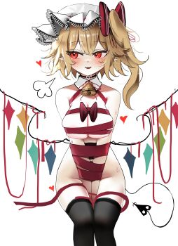 1girl absurdres black_thighhighs blonde_hair blush bound bow breasts cleavage commentary crystal_wings english_commentary flandre_scarlet hair_bow hat highres laevatein_(tail) medium_breasts medium_hair mob_cap multicolored_wings one_side_up ougiikun pointy_ears red_bow red_eyes red_ribbon ribbon ribbon_bondage shirt simple_background solo sweatdrop tail thighhighs touhou white_hat white_shirt wings