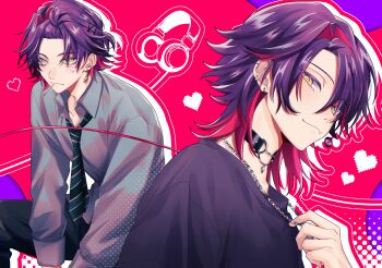 1boy absurdres blush_stickers choker closed_mouth colored_eyelashes commentary_request earrings headphones heart highres jewelry long_sleeves looking_at_viewer male_focus necklace necktie nijisanji purple_shirt shatiku_eu shirt smile solo virtual_youtuber watarai_hibari yellow_eyes