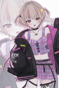 1girl :3 absurdres arm_belt belt belt_buckle black_belt black_collar black_jacket black_straps blunt_bangs blush buckle caution chain chain_necklace clothes_writing collar collarbone colored_inner_hair cowboy_shot crop_top cross-laced_clothes cross-laced_top ear_cuffs fangs grey_hair hair_bobbles hair_intakes hair_ornament hand_in_pocket hand_up harness highres jacket jewelry kanau_(u_u_zzx) leg_tattoo looking_at_viewer loose_belt makaino_ririmu makaino_ririmu_(6th_costume) midriff miniskirt multicolored_hair multiple_belts navel necklace nijisanji no_headwear open_clothes open_jacket pendant pink_belt pink_hair pink_jacket pink_skirt plaid_clothes plaid_skirt pleated_skirt pointy_ears red_eyes short_hair skirt sleeves_past_fingers sleeves_past_wrists smile solo spiked_collar spikes standing star_(symbol) streaked_hair studded_belt tattoo thigh_strap two-sided_fabric two-sided_jacket two_side_up unbuttoned unzipped v virtual_youtuber white_background wolf_cut zipper_top zoom_layer