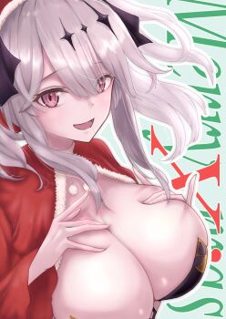 1girl azur_lane black_ribbon breasts christmas cleavage commentary_request cotatubo grey_hair hair_ribbon hands_on_own_chest highres huge_breasts joffre_(azur_lane) looking_at_viewer medium_hair open_mouth pink_eyes ribbon santa_costume smile solo upper_body