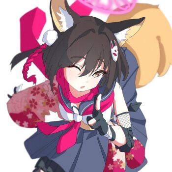 Rule 34 | 1girl, ;o, animal ear fluff, animal ears, black gloves, black sailor collar, black skirt, blue archive, blurry, blush, brown hair, cherry blossom print, commentary, cowboy shot, depth of field, eyeshadow, film grain, floral print, floral print kimono, fox ears, fox girl, fox tail, gloves, hair between eyes, hair intakes, hair ornament, halo, hand up, izuna (blue archive), japanese clothes, kimono, kuji-in, looking at viewer, makeup, medium hair, migeru690, neckerchief, ninja, one eye closed, open mouth, partially fingerless gloves, pink halo, pink neckerchief, pink scarf, pleated skirt, pom pom (clothes), pom pom hair ornament, print kimono, red eyeshadow, sailor collar, scarf, school uniform, serafuku, shirt, simple background, single bare shoulder, skirt, sleeveless, sleeveless shirt, solo, tail, white background, white shirt, yellow eyes