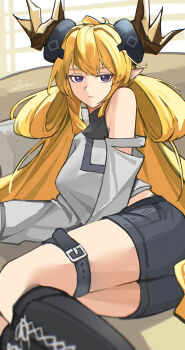 1girl absurdres ahoge alternate_costume arknights arm_support bare_shoulders belt black_boots black_shirt black_shorts blonde_hair boots breasts casual closed_mouth couch dragon_horns grey_shirt highres horns indoors lace-up_boots large_breasts leizi_(arknights) leizi_the_thunderbringer_(arknights) long_hair looking_at_viewer lying off_shoulder on_couch on_side pointy_ears purple_eyes shirt shorts single-shoulder_shirt sleeveless sleeveless_shirt solo thigh_belt thigh_strap thighs undershirt yagi000