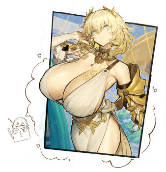 Rule 34 | 2girls, absurdres, aglaea (honkai: star rail), alternate breast size (larger), ancient greek clothes, blonde hair, breast tattoo, breasts, cleavage, commentary request, demigoddess, dress, flower, gold tattoo, greco-roman clothes, green eyes, hair flower, hair ornament, highres, honkai: star rail, honkai (series), huge breasts, laurel crown, melon22, multiple girls, on bed, parted lips, short hair, simple background, sleeping, stelle (honkai: star rail), tattoo, trailblazer (honkai: star rail), white background, white dress, zzz