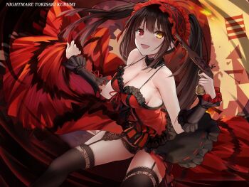 1girl :d antique_firearm black_hair black_panties black_thighhighs breasts cleavage commentary_request date_a_live dress firearm firelock flintlock frilled_hairband frills gothic_lolita gun hairband highres holding holding_gun holding_weapon large_breasts lolita_fashion long_hair looking_at_viewer open_mouth panties red_dress red_eyes saint_laurent_paris smile solo spaghetti_strap thighhighs tokisaki_kurumi tokisaki_kurumi_(spirit) twintails underwear very_long_hair weapon