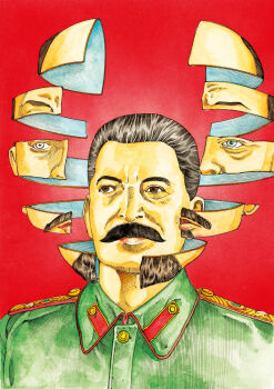 Rule 34 | 1boy, brown eyes, brown hair, collar, facial hair, highres, joseph stalin, kago shintarou, lips, military uniform, mustache, nose, original, red background, surreal, vladimir lenin