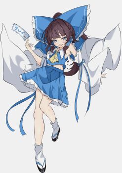 Rule 34 | 1girl, absurdres, alternate color, ascot, between fingers, blue bow, blue eyes, blue skirt, blush, bow, brown hair, commentary request, detached sleeves, fang, frilled bow, frilled hair tubes, frilled skirt, frills, full body, grey background, hair bow, hair tubes, hakurei reimu, highres, holding, holding ofuda, long hair, ofuda, ofuda between fingers, open mouth, player 2, ribbon-trimmed sleeves, ribbon trim, sandals, simple background, skin fang, skirt, skirt set, smile, socks, solo, touhou, translation request, unanooo (fthx7532), white socks, yellow ascot