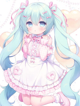 1girl apron balloon blue_eyes blue_hair blush bow commentary_request detached_sleeves dress frilled_apron frills hair_between_eyes hair_bow hair_ribbon hands_up heart heart_balloon highres long_hair long_sleeves looking_at_viewer multiple_hair_bows original parted_lips pastel_colors pink_bow pink_dress pink_ribbon pink_shoes plaid_clothes plaid_dress plaid_sleeves pleated_dress puffy_long_sleeves puffy_short_sleeves puffy_sleeves ribbon shoes short_sleeves sleeveless sleeveless_dress sleeves_past_wrists solo twintails usashiro_mani very_long_hair white_apron white_shoes yume_kawaii