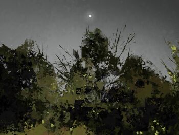 absurdres clear_sky commentary forest from_below grey_sky highres landscape moon nature night no_humans original outdoors painterly scenery sky symbol-only_commentary tree twulfs